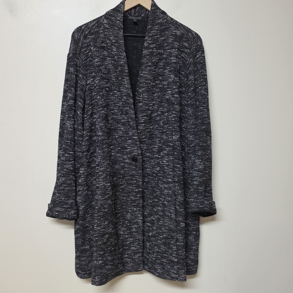 Eileen Fisher Woman 3X Black White Marled Knit Long Cardigan Jacket Cotton Blend